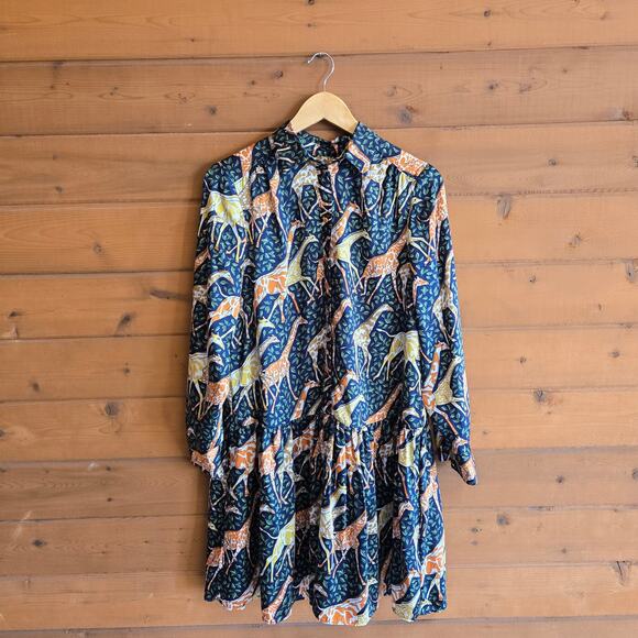 J. Crew Shirtdress in Giraffes Relaxed Fit Small Navy Blue Animal Print Boho Zoo - Picture 2 of 6